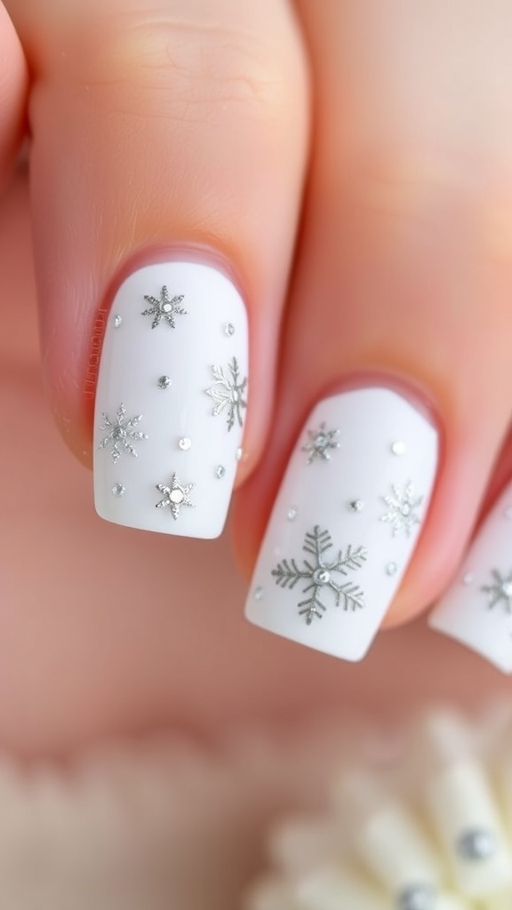 Short white Christmas nails with snowflake designs and glitter.